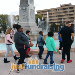 youth group next to water fountain