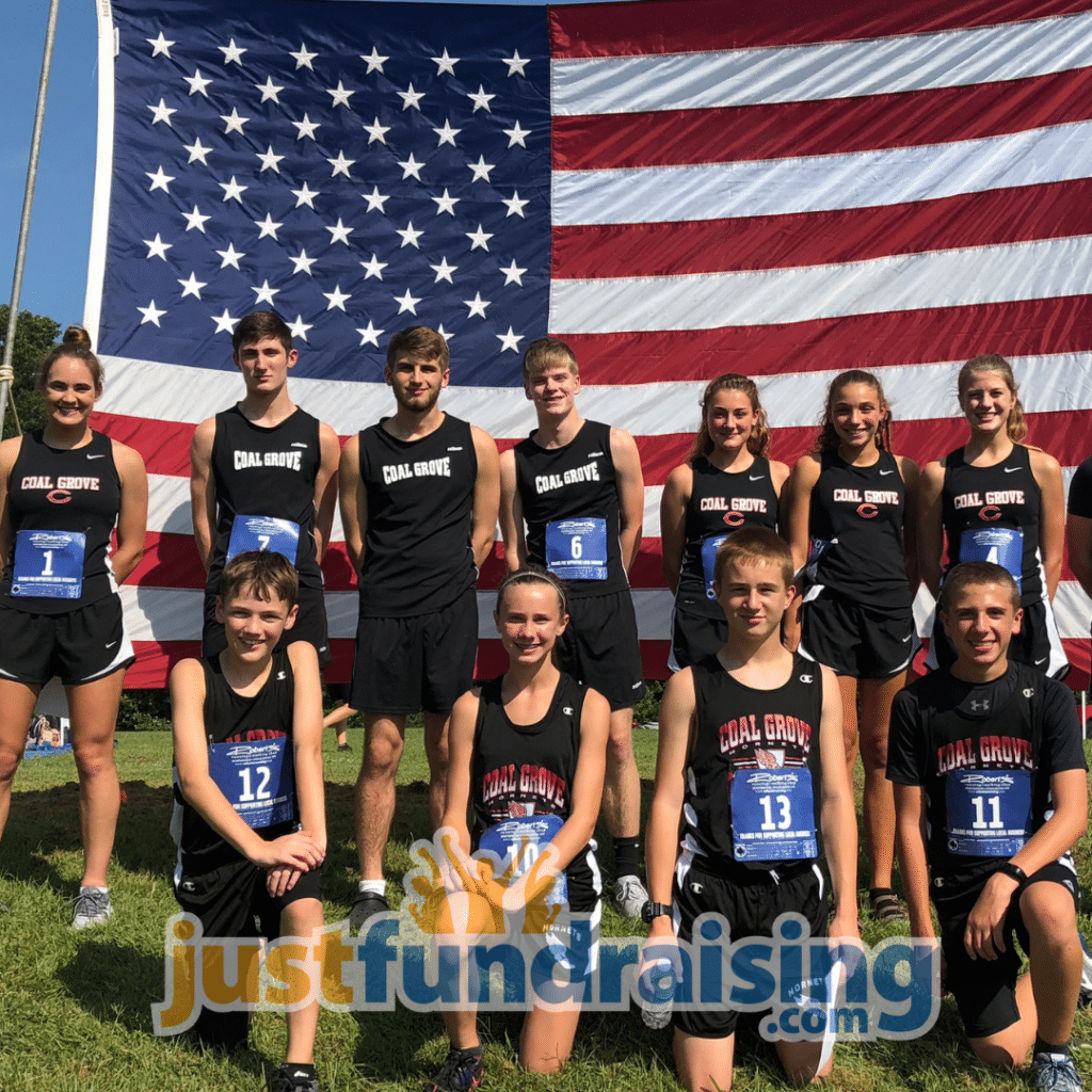 cross country team in front of flag